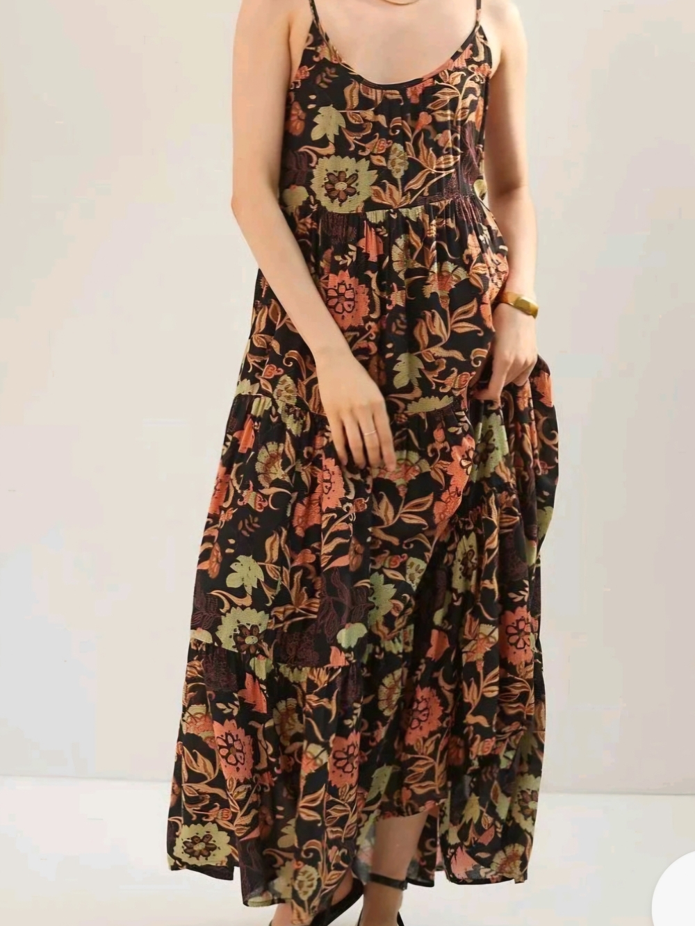 Black Floral Tiered Maxi Dress Spaghetti Straps Flowy Breathable Pull Over